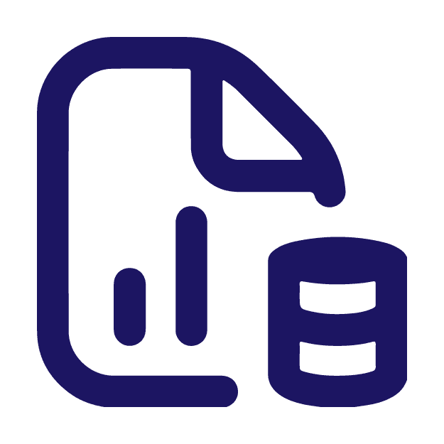 Icono azul de un documento con gráficos al lado de una base de datos, simbolizando análisis de datos o almacenamiento digital.