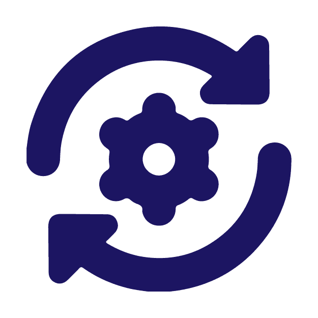 Ícono de engranaje azul rodeado por flechas curvas en sentido horario, sobre fondo blanco. Representa un proceso de actualización.