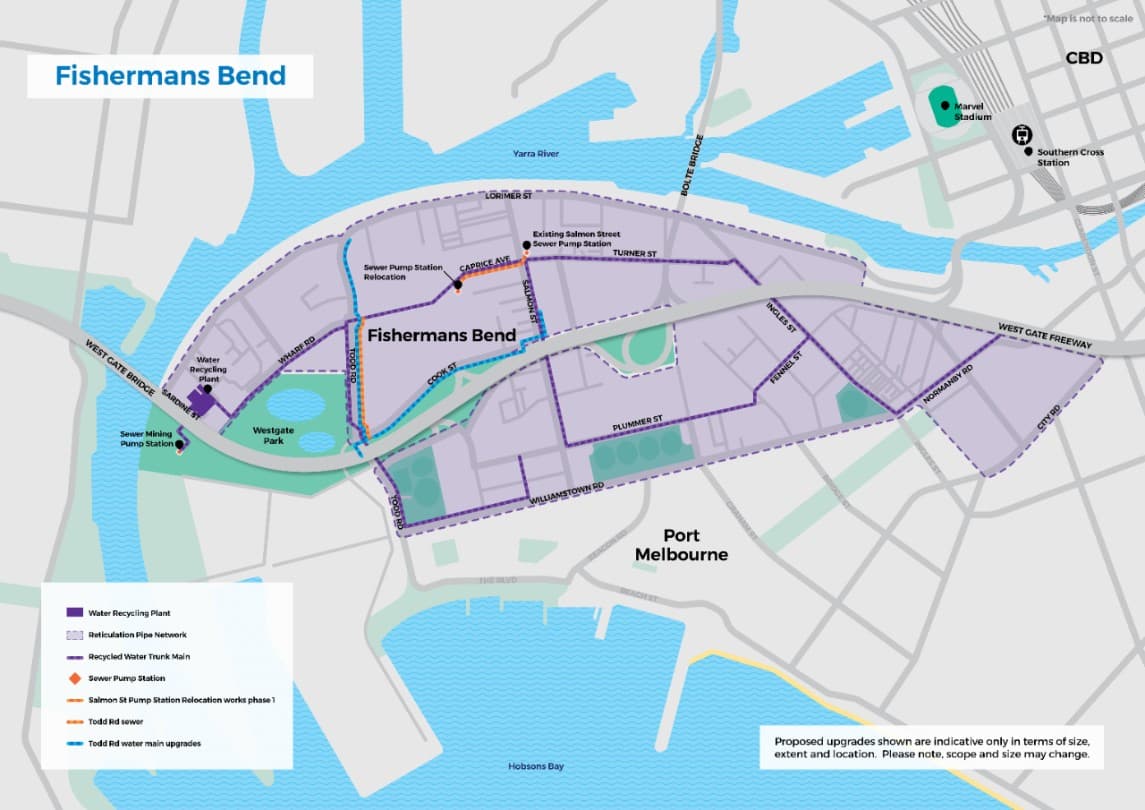 Mapa de la ciudad conectada con el sistema de agua integrado de Fishermans Bend