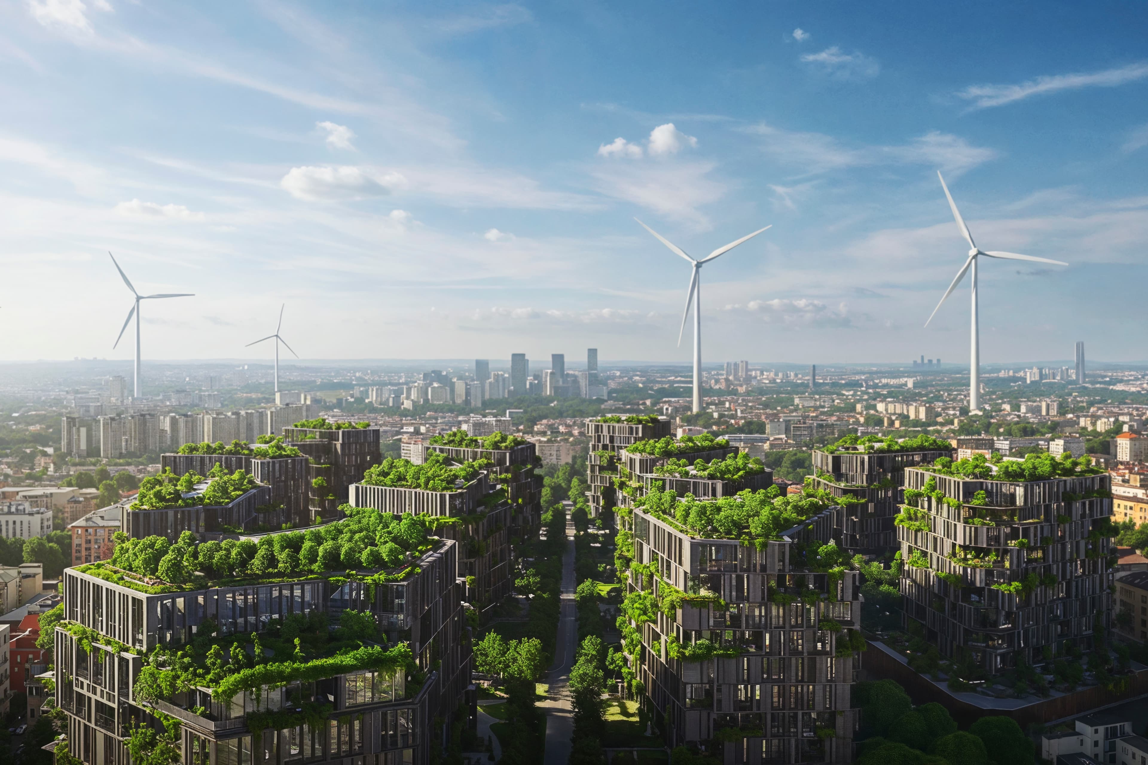 Edificios con jardines en azoteas, rodeados de aerogeneradores, bajo cielo azul. Vista panorámica urbana, ambiente moderno y sostenible.